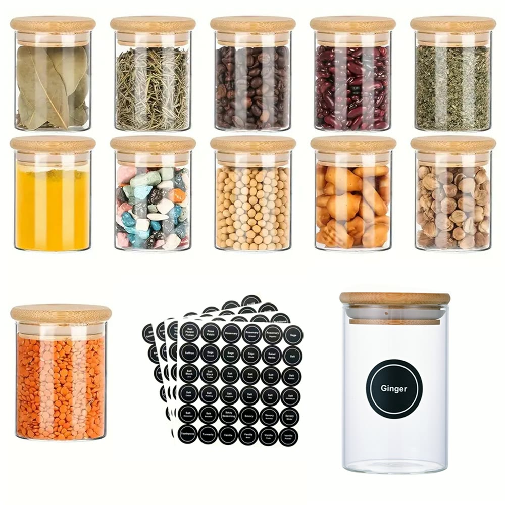 12 round glass spice jars with bamboo lids