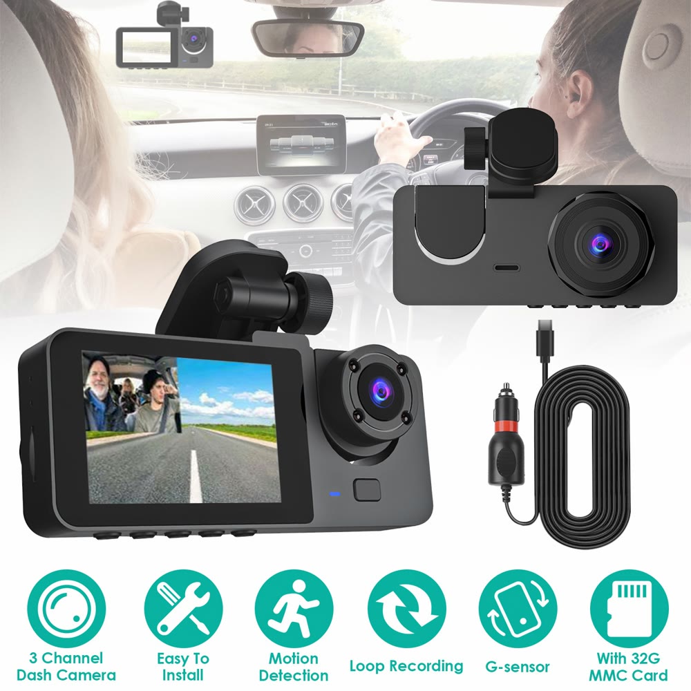 3 camera dash cam with 32 GB card