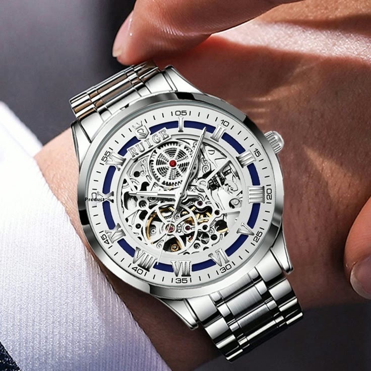 Double sided skeleton automatic watch, steel