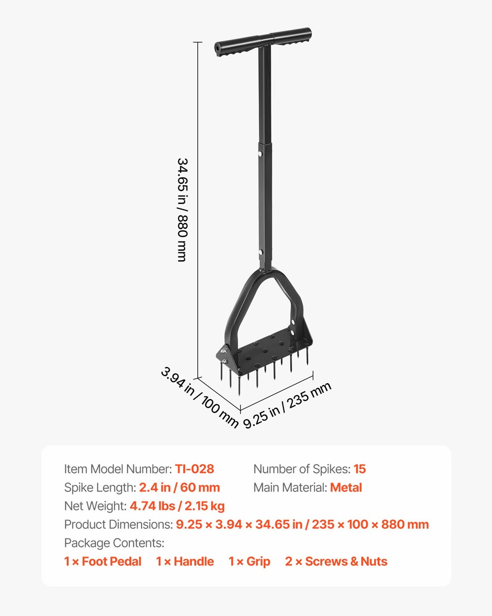Manual lawn aerator with 15 spikes