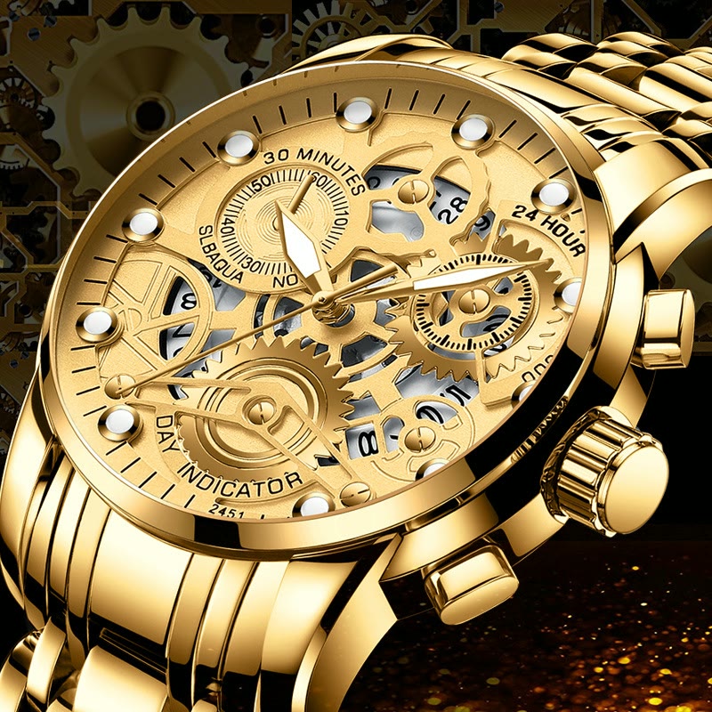 Men's hollow dial watch, gold tone