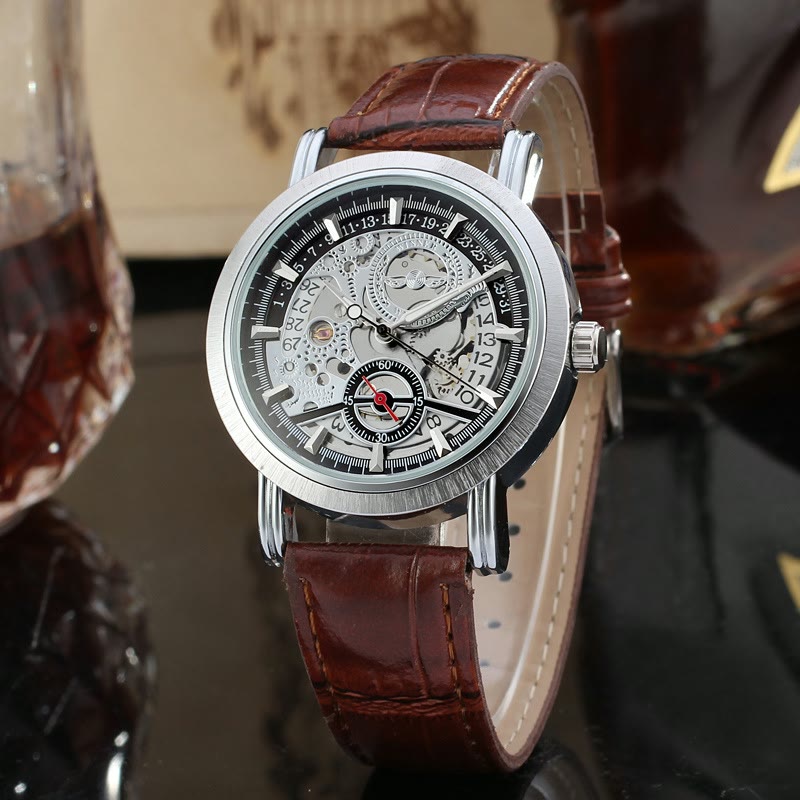 Skeleton automatic watch, brown leather strap