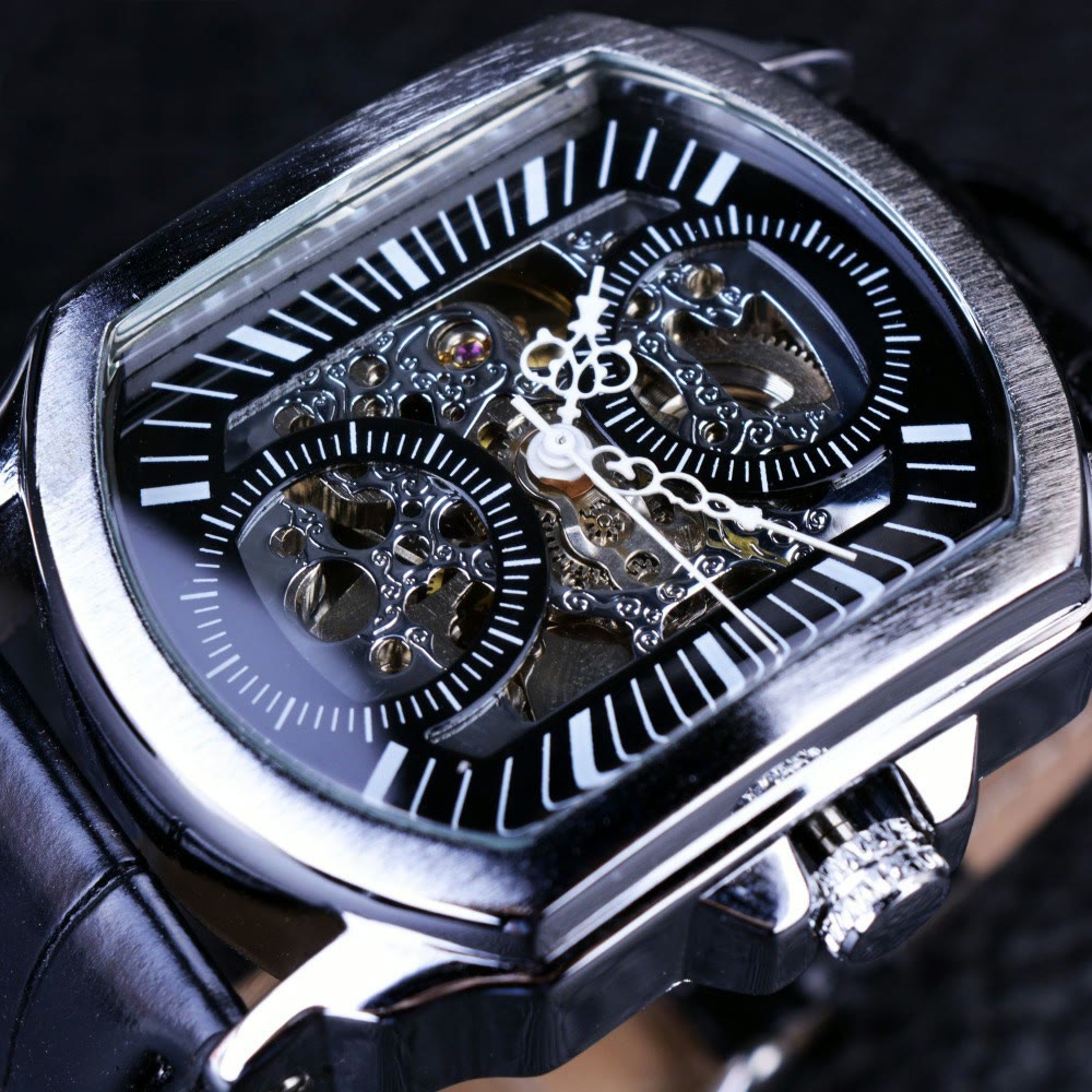 Square skeleton automatic watch, black