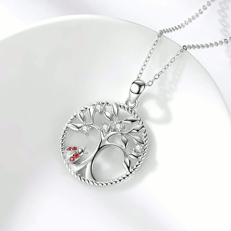 Tree of life necklace with ladybug, sterling silver
